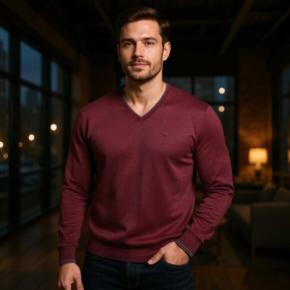 Calvin Klein Extra Fine Merino Wool V Neck Sweater, Size Medium - Picture 1 of 13